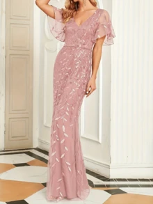 Nowa luksusowa wieczorowa sukienka damska/długa sukienka syreny z dekoltem w serek i krótkim rękawem, elegancka haftowana długa sukienka, odpowiednia na formalne okazje, takie jak wesela/imprezy/spotkania, sukienka imprezowa, suknia, dla gości weselnych