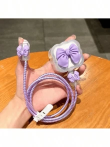 5件套英规20W充电器保护套，兼容 16 Pro Max，数据线防断，蝴蝶结充电器头壳 - 彩色 - 查看 2