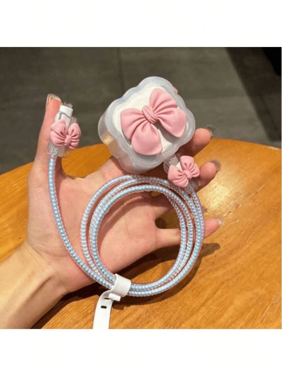 5件套英规20W充电器保护套，兼容 16 Pro Max，数据线防断，蝴蝶结充电器头壳 - 彩色 - 查看 1