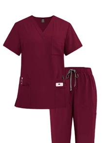 V-Neck Quick-Dry Scrubs Set, New Design | Stretchy & Lightweight | Suitable For Hospital, Clinic & Casual Wear | Multiple Pockets Spring - Burgundy - View 2