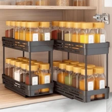 1/2pcs Double Layer Multi-Function Plastic Storage Rack, Large Capacity Double Deck Cabinet Organizer Rack, Drawer Style Storage Rack, Suitable For Condiment Bottles And Spice Jars, Pull-Out Sink Organizer, Applicable For Cabinet, Kitchen, Dining Room And Bathroom, Space-Saving Storage Rack - Multicolor - View 2