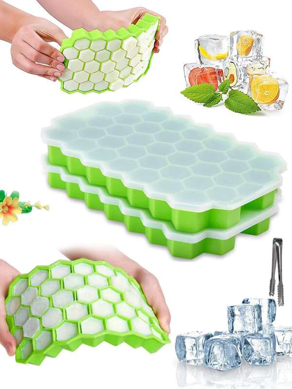 1 Pieza Moldes de cubitos de hielo con tapas de 37 cubitos de silicona con tapa removible anti-derrames para bebidas frías, whisky y cócteles - Apilables y aptos para lavavajillas