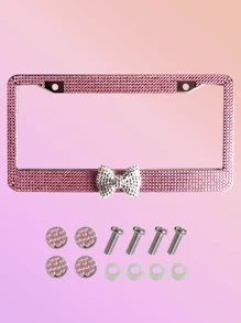 1 pièce Cadre de plaque d'immatriculation en plastique avec décoration en forme de nœud multicolore, fait main avec des strass brillants, livré avec des vis et des outils d'installation, imperméable et anti-rouille