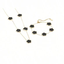 4 件时尚不锈钢 18K 双面珍珠贝壳四叶草项链、手链、耳环、女士简约吊坠、高端锁骨链套装 - 彩色 - 查看 11