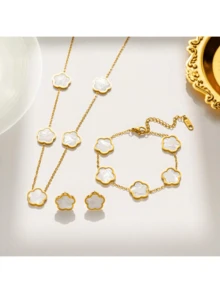 4 件时尚不锈钢 18K 双面珍珠贝壳四叶草项链、手链、耳环、女士简约吊坠、高端锁骨链套装 - 彩色 - 查看 2