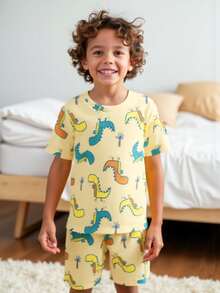2-Piece Set Toddler Boys Cute Cartoon Dinosaur Print Crew Neck Short Sleeve T-Shirt & Shorts Pajamas Set, Soft & Comfortable, Summer - Yellow - View 1