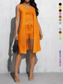 Casual Ribbed 3-Piece Set, Crop Top+High Waisted Drawstring Pants+Long Cardigan, Women's Clothing - trái cam - Xem 4