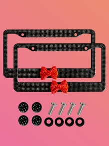 1 pièce Cadre de plaque d'immatriculation en plastique avec décoration en forme de nœud multicolore, fait main avec des strass brillants, livré avec des vis et des outils d'installation, imperméable et anti-rouille