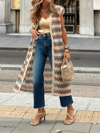 夏季女式钩针短袖针织夹色提花长款罩衫提花镂空条纹图案优雅时尚罩衫长款度假沙滩衬衫防晒宽松罩衫，适合休闲出游聚会穿着