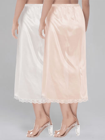 QING ROU 2pcs Comfortable Shapewear Slip Dress Set, Solid Color Seamless Slip Dress With Contrast Lace Trim Lining, Everyday Wear Shapewear