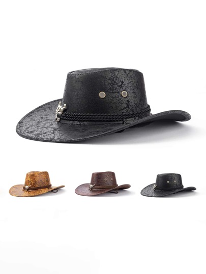 1 Pair Unisex Vintage Western Cowboy Hat, PU Leather Material, Metal Bull Decor, Suitable For Cowboy Themed Events, Festivals, Parties, Birthdays, Cosplay, Outdoor Activities, Daily Wear