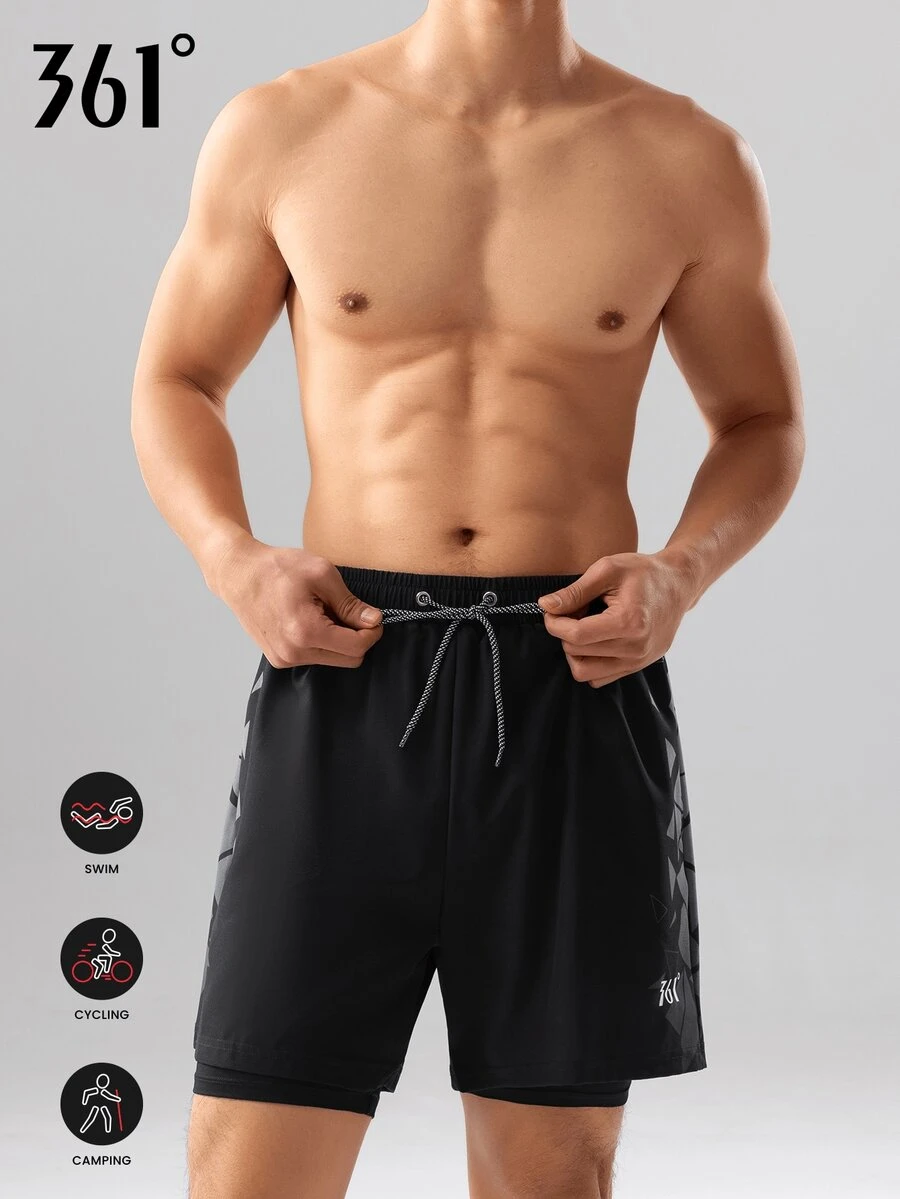 361degree 361°新款时尚印花男士泳裤，腰部抽绳，二合一设计，不透视，宽松外穿款式防止尴尬，适合游泳、潜水、冲浪、海滩度假，展现个性魅力