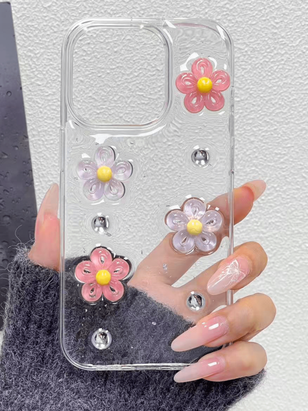 Flower Phone Case 1pc Transparent Sequin Flower Decor Acrylic Large Hole Resin 2 In 1 Phone Case Suitable For IPhone 11 12 13 14 15 Pro Max