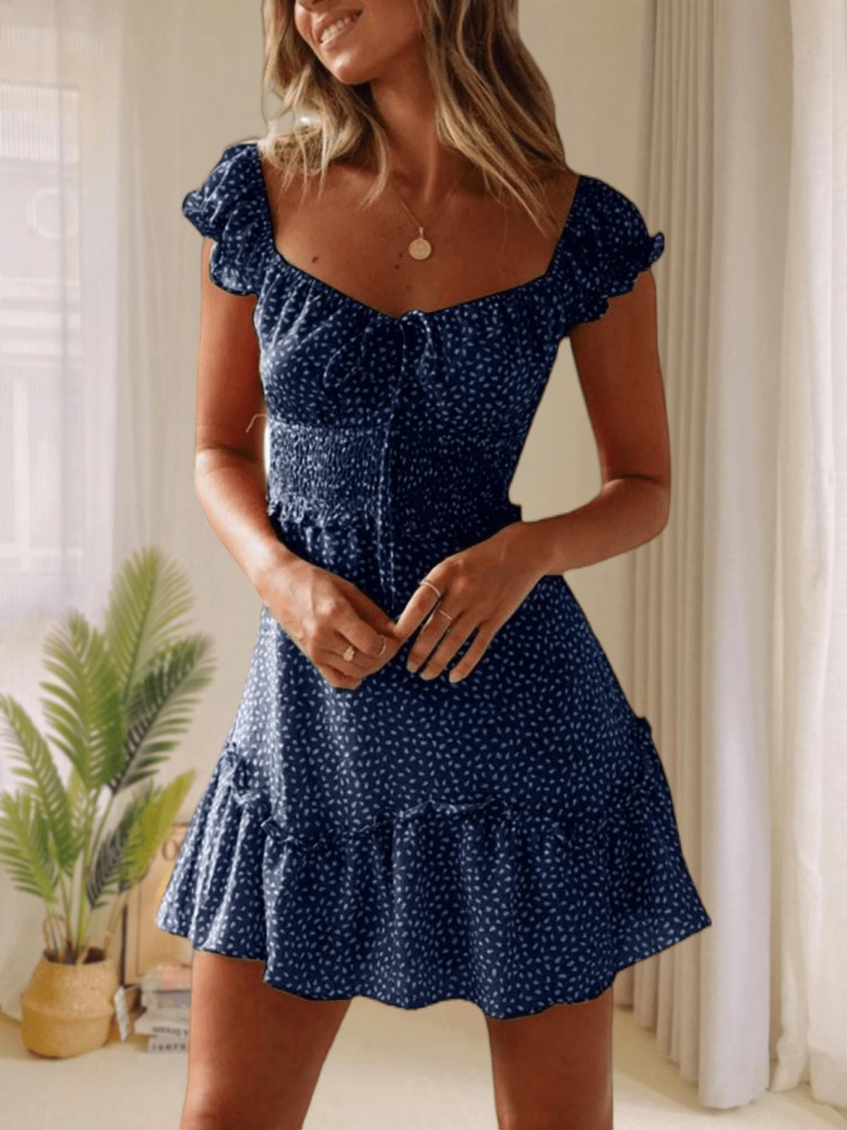 Womens Summer Sleeve Ruffle Sweetheart Neckline Printing Dress Mini Dresses - 深藍色 - 查看 1