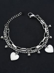 1pc Unisex Couple Bracelet, Vintage Fashionable Double-Layer Heart Design, Multi-Element Chain, Personalized Street Hip-Hop Luxury Titanium Steel Bracelet Accessories