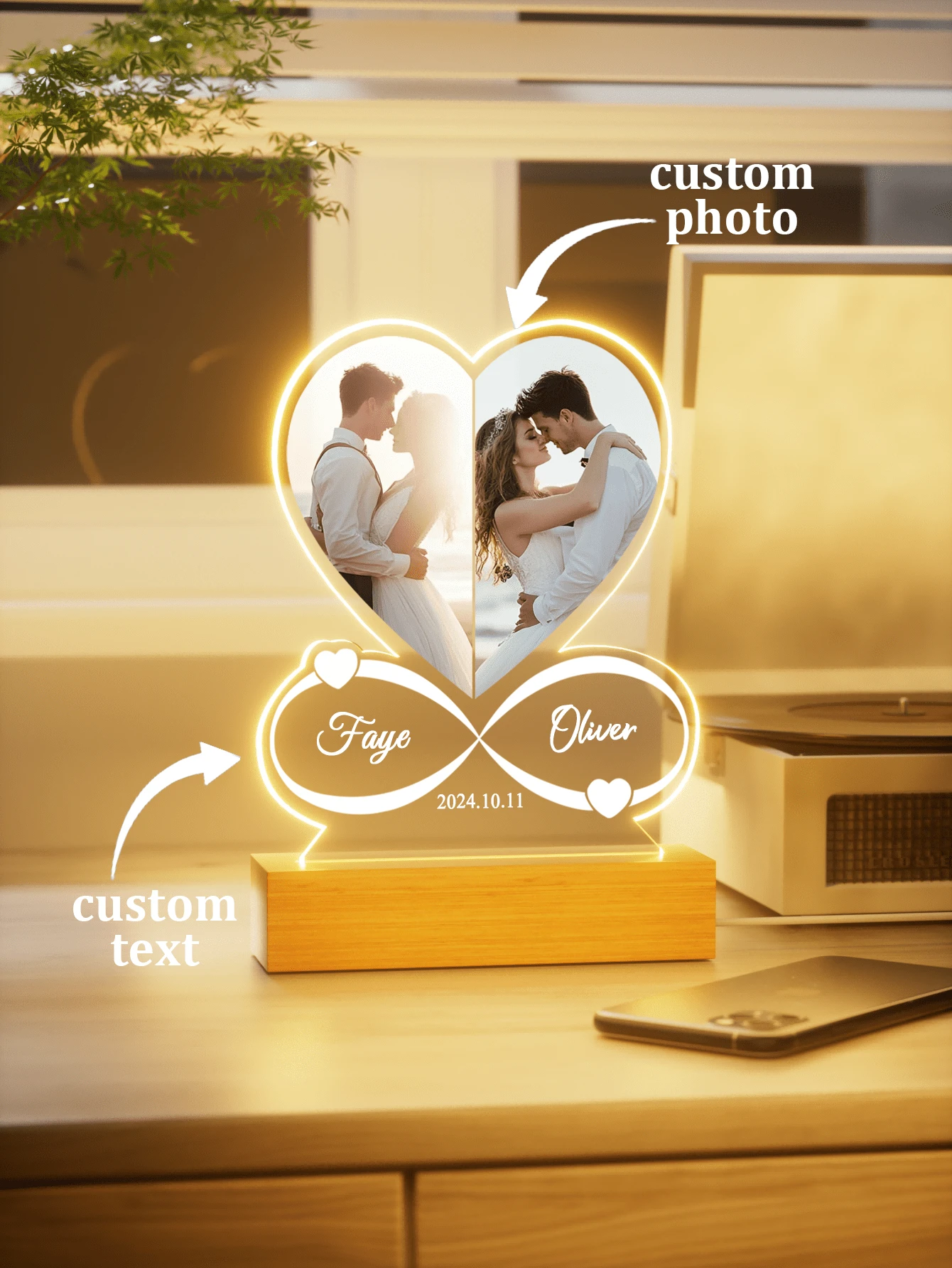 1 buah Hadiah Ulang Tahun Pasangan yang Dipersonalisasi, Bingkai Foto Akrilik Berbentuk Hati yang Disesuaikan (Dengan Foto), Plakat Akrilik Bertema Spotify yang Disesuaikan (Dengan Lampu Malam), Hadiah Pernikahan yang Dipersonalisasi (Set Pasangan), Desain Cetak