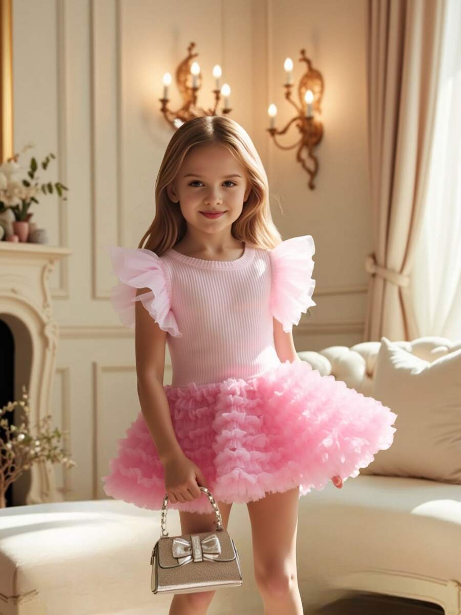 2pcs/Set Young Girl Net Patchwork T-Shirt + Tutu Skirt Set