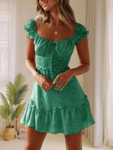 Vestido mini de verano para mujer con escote corazón y volantes y mangas abullonadas - Verde - Ver 1
