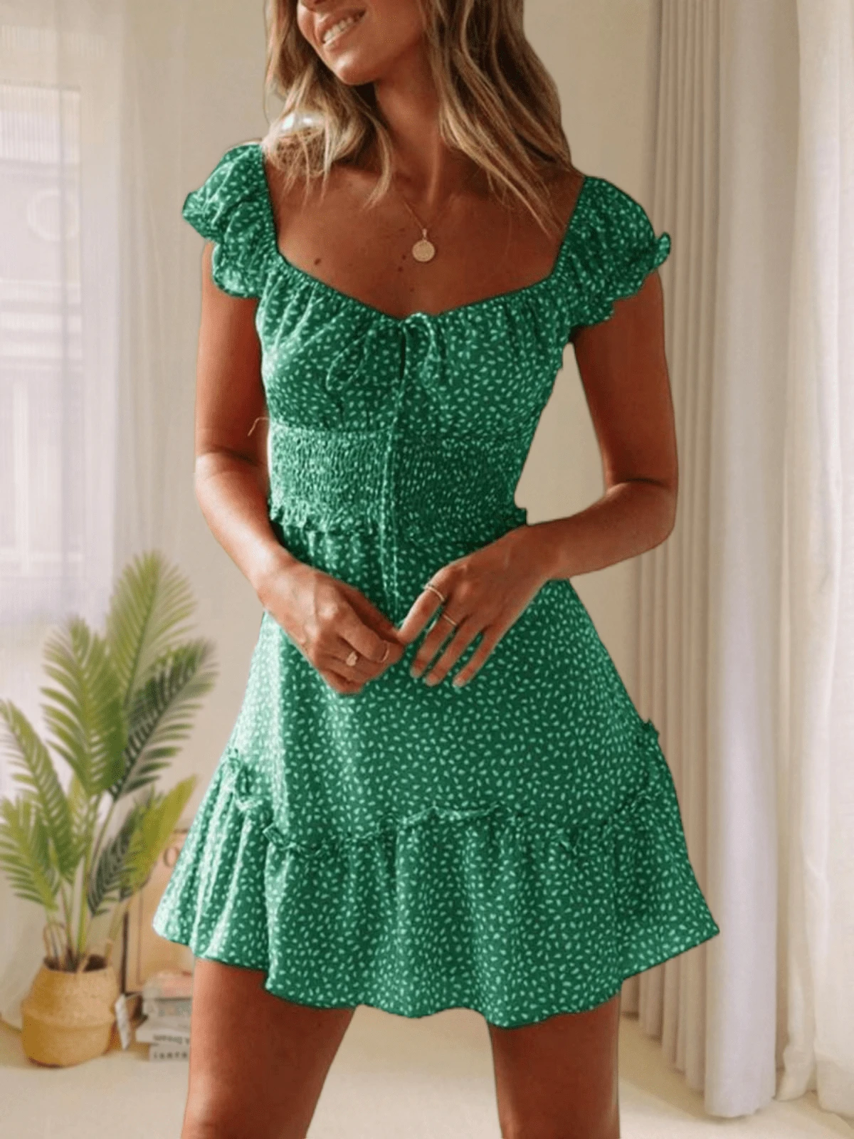 Vestido mini de verano para mujer con escote corazón y volantes y mangas abullonadas - Verde - Ver 1