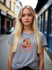 Tween Girl Cartoon Pattern Slogan Print Short Sleeve Loose T-Shirt