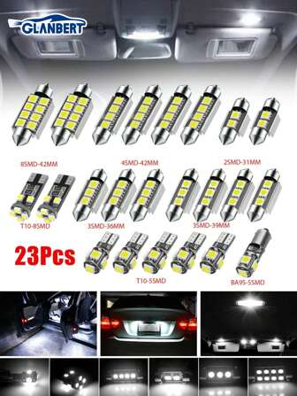 GLANBERT 23 stuks/20 stuks auto-LED-verlichtingsaccessoireset: T10-zijmarkeringslicht, leeslampje met dubbele punt, deur- en interieurverlichting, kentekenplaatverlichting