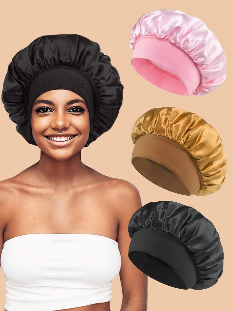 2 Pezzi Berretto In Raso Per Capelli Donna - Fascia Elastica Morbida, Seta Artificiale Nera - Per Dormire E Cura - 4