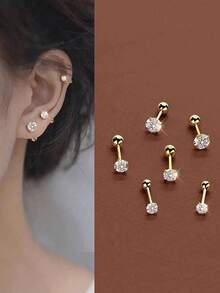 6pcs/Set Korean Design Sparkling Zirconia Screw Stud Earrings Set, S925 Spiral Cartilage Earrings Suitable For Teenagers - one-size - View 2