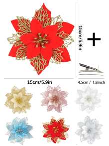 Set de 10 piezas de adornos navideños de flores de Nochebuena con brillo - Flores de Nochebuena artificiales con pinzas y tallos, para decorar coronas navideñas, decoración festiva de Navidad y Año Nuevo