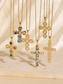 1pc Colar de cruz elegante e versátil, fé religiosa, zircônia cúbica, banhado a ouro, presente de aniversário para amigos