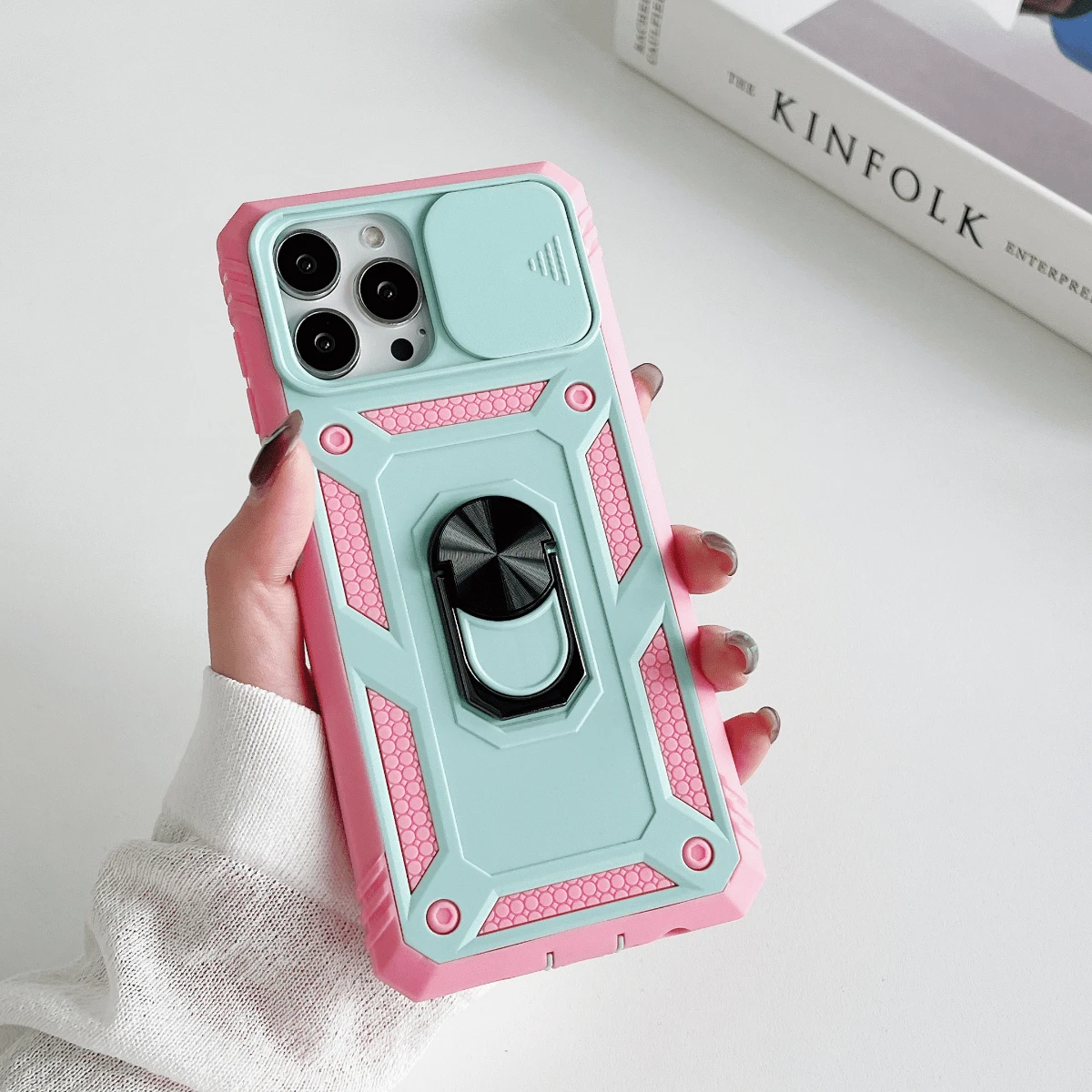 [滑动窗口系列] 兼容 Apple 16 15 14 13 12 11 Pro Max Plus XS Max 8 Plus 系列，适用于 Galaxy S24 S23 S22 S21 Plus Ultra A14 A15 A16 A26 A35 A55 A56 三合一重型防摔支架手机壳，带滑动窗口保护，防水防震防刮 - 綠色 - 查看 1