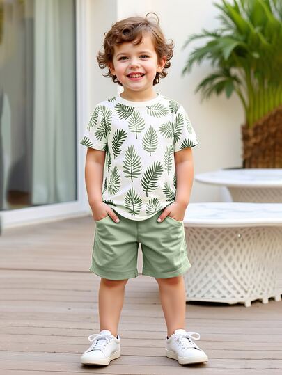 Conjunto de niño pequeño con estampado de hojas de manga corta, top cómodo y de moda con pantalones cortos caqui, adecuado para el patio de recreo, el parque y el uso diario