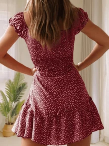 Womens Summer Sleeve Ruffle Sweetheart Neckline Printing Dress Mini Dresses - Burgundy - View 3