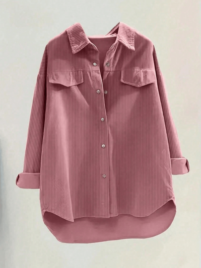 Women's Fashion Polyester Turndown Collar Long Sleeve Drop Shoulder Corduroy Casual Shirt, Asymmetric Hem With Button Detail