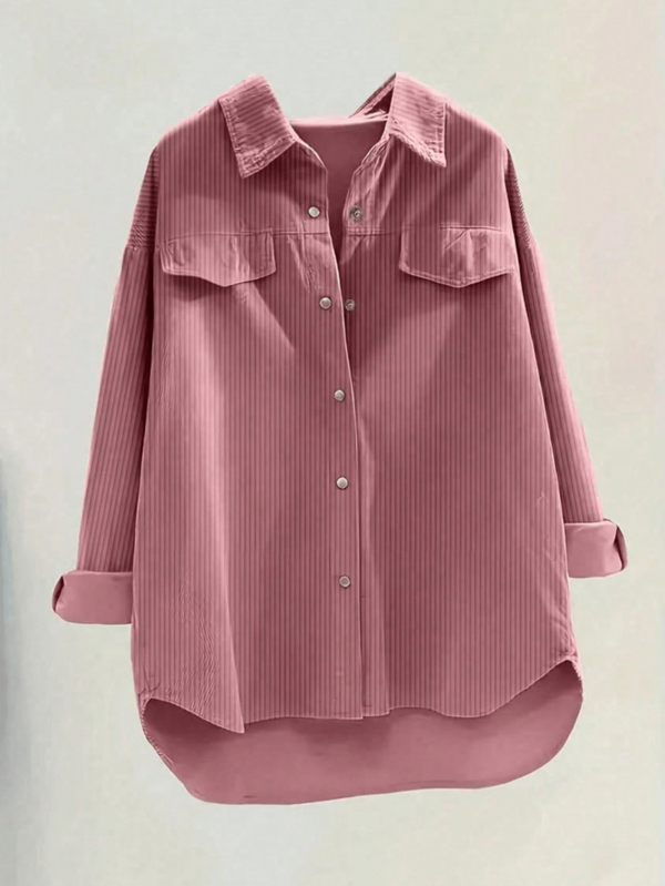Women's Fashion Polyester Turndown Collar Long Sleeve Drop Shoulder Corduroy Casual Shirt, Asymmetric Hem With Button Detail