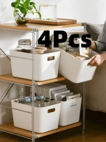 HOUSHELIF 4pcs Plastic Storage Boxes, Desktop Stationery Organizer, Multi-Functional Storage Bins, Suitable For Books, Cosmetics, Snacks, Underwear, Kitchen Essentials, With Handles Dorm Storage Baskets, Bathroom Storage Baskets, Back To School Supplies, Kitchen, Kitchen Accessories - White - View 2