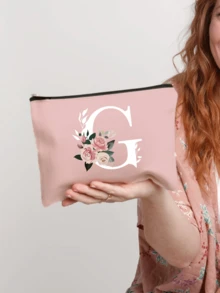 1pc Letter A-Z Flower Print Makeup Bag, Gift For Girls, Cute Retro Simple Fashion Letter Pattern Printed Bag Storage Bag,Cosmetic Pouch For Small Items Storage,Storage Bag, Makeup Storage Bag, Toiletry Bag, Clutch Bag, Lightweight Foldable Storage Bag, Simple Shopping Bag, Teacher Gift Clutch Bag,Storage For Nurses, Doctors, Teachers Bag, Suitable For Personal Travel Cosmetics Storage - Pink - View 15