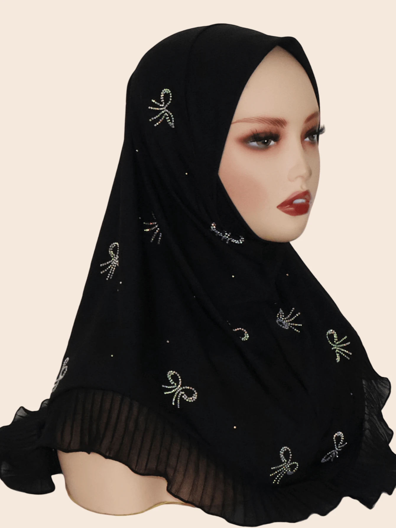 1pc Women's Headscarf, Crystal Decorated, Elastic Material, Fashionable Rhinestone Bow Design, Pleated Hem, Middle East/Malaysian Style Turban For Dress - Bow Diamond Headband - View 1