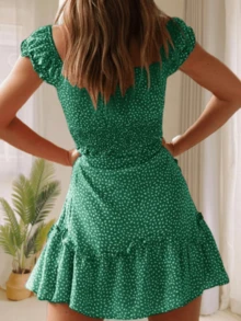Vestido mini de verano para mujer con escote corazón y volantes y mangas abullonadas - Verde - Ver 3