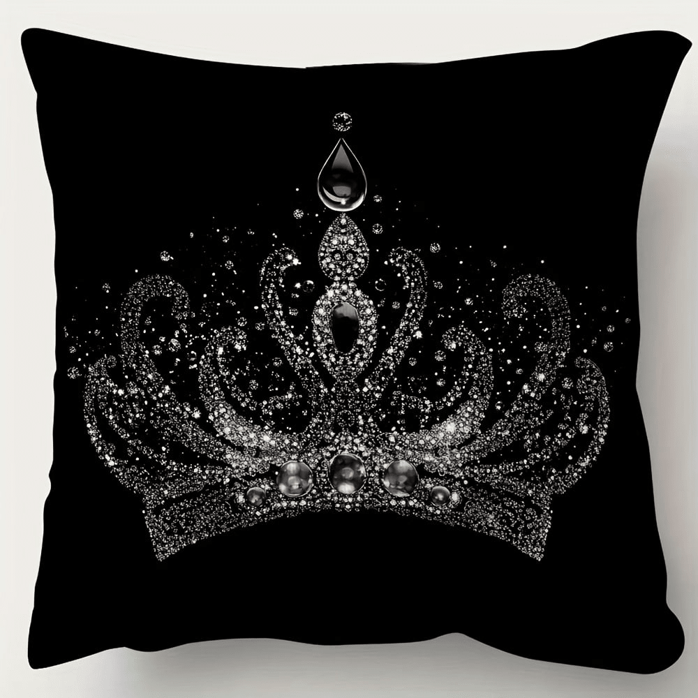 1pc Elegant Black Crown Silhouette Throw Pillow Cover - Sided Short Plush With Rhinestone & Pearl Design, Zip Closure - Ideal For Sofa, Living Room, Bedroom, Office Decor (No Insert), Decorative Pillows