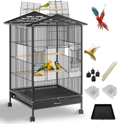 Jaula Grande Metal para Pájaros,Libara Jaulas para Aves,Jaulas para Aves con Ruedas y Percha Soporte,con Comedero y Bebedero de Bandeja Extraíble y Lavable para Periquitos,Pequeños,Medianos