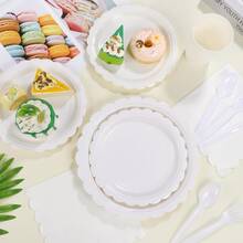 10pcs/20pcs/50pcs Disposable Tableware Set, Including Party Plates, Napkins, Cups, Suitable For Birthday, Engagement Party, Date, Theme Party, Solid Color Series Disposable Tableware Set, Disposable Holiday Party Supplies - White - View 2