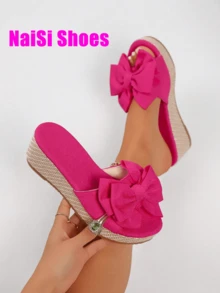 Sandalias de plataforma con tacón alto y decoración de mariposa tejida para mujer, sandalia cuña espadrille con punta abierta y tobillera con lazo, suela gruesa y resistente al agua, tacón alto ancho, disponible en rosa rojo, negro y blanco - Rosa Fucsia - Ver 6