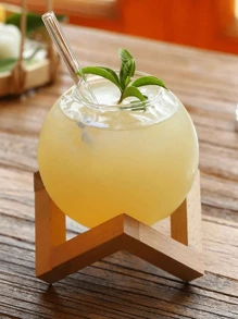 1 Set 450ml Round Moon Cocktail Glass With Wooden Base, Clear Spherical Wine Glass, Smoothie Bowl, Creative Juice Glasses, Drinking Glasses, For Bar, Pub, Club, Restaurant, Home Use, Summer Drinkware Accessories