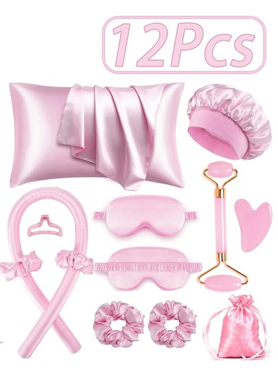 12Pcs Hair Styling Tools Set For Sleeping, Hair Roller And Face Massager, 1pc Satin Pillowcase For Hair And Skin Queen Set, Satin Heatless Curling Set, Overnight Hair Curlers,1pc Soft Eye Mask For Sleeping, Face Roller Skin Care Tools For Women