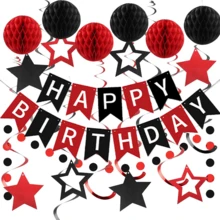 生日装饰，带蜂窝球的生日快乐横幅，星形悬挂漩涡彩带，圆点花环，男女生日快乐派对装饰，生日装饰，黑色生日装饰 - 紅黑蜂窩球套 - 查看 1