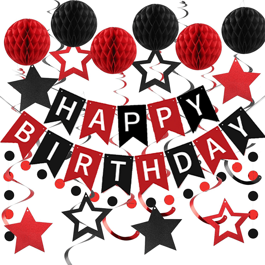 Birthday Decorations, Happy Birthday Banner With Honeycomb Balls, Star Hanging Swirl Streamers, Circle Dots Garland, Happy Birthday Party Decorations For Women Men, Birthday Decorations, Black Birthday Decorations