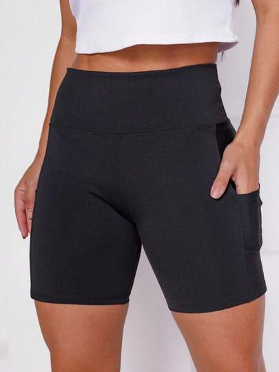 Short Feminino suplex Fitness liso ciclismo cintura alta Academia com Bolso preto