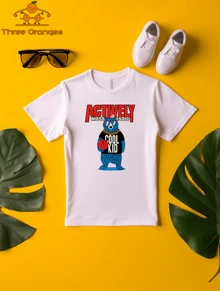 Tween Kid Activity Cool Kid Blue Polar Bear Loves Activities Playing Basketball Printed Graphic Round Neck Short-Sleeves Casual 100% Cotton T-Shirt - Boy Girl Summer Clothes White Color