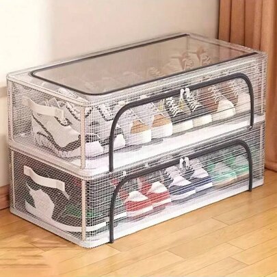1 Rectangular Shoe Storage Box, Made Of Transparent PVC Material, Non-Waterproof, Multifunctional Storage, Supported By A Steel Frame, Featuring Two Removable Windows, Suitable For Sneakers And High Heels, Under-Bed Storage, Car Dustproof Folding Under-Bed Anti-Oxidation Shoe Storage Box
