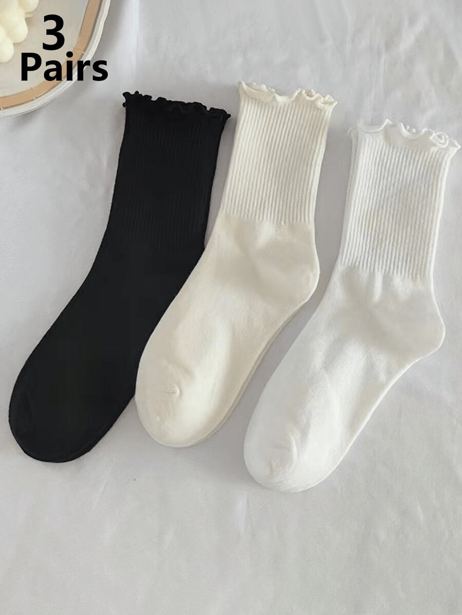 1 Par/3 Pares/6 Pares Calcetines de tobillo delgados con puño, calcetines con volantes frescos y lindos para mujeres, primavera y otoño - Multicolor - Ver 1
